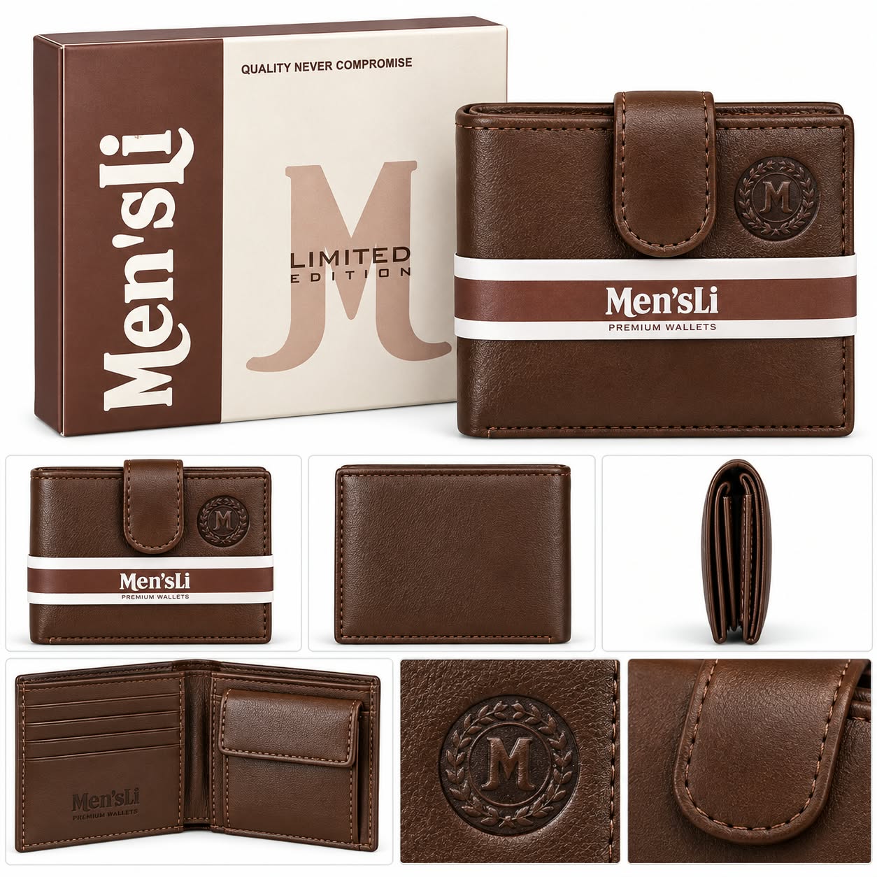 Stylish brown men’s wallet with multiple card slots, spacious compartments, button closure and premium embossed detailing. Comes in an elegant gift box, perfect for everyday use and gifting.