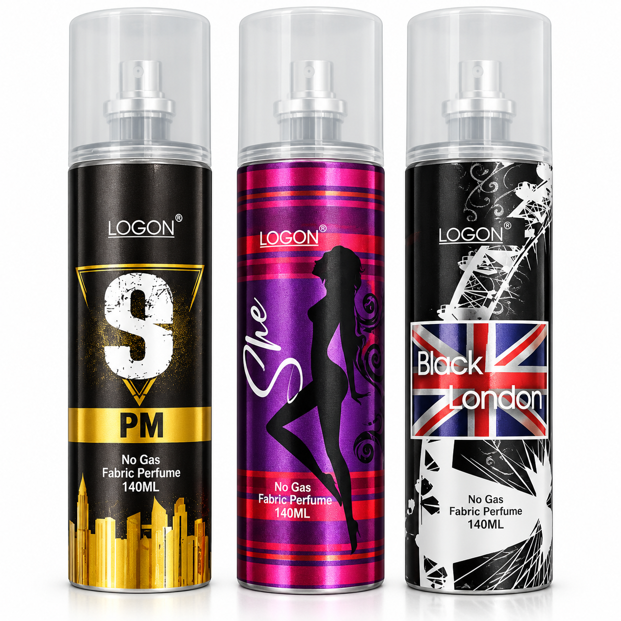 Refresh your clothes and fabrics with the LOGON No Gas Fabric Perfume Combo featuring three distinctive variants — S PM, She and Black London. Each bottle contains 140 ml of fabric perfume and comes in a convenient spray format. The stylish packaging and 