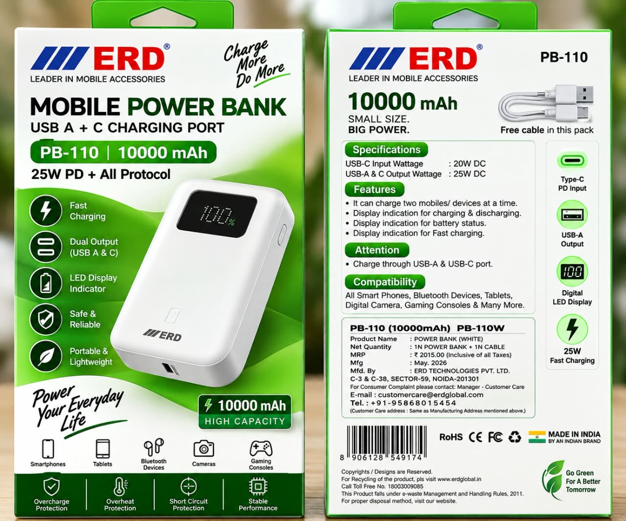 ERD PB-110 10000mAh 25W PD Fast Charging Power Bank
