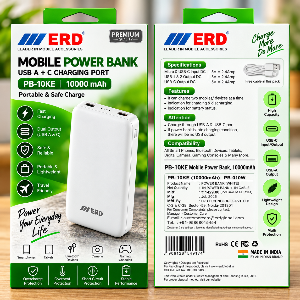 ERD PB-10KE 10000mAh Mobile Power Bank – USB-A & USB-C