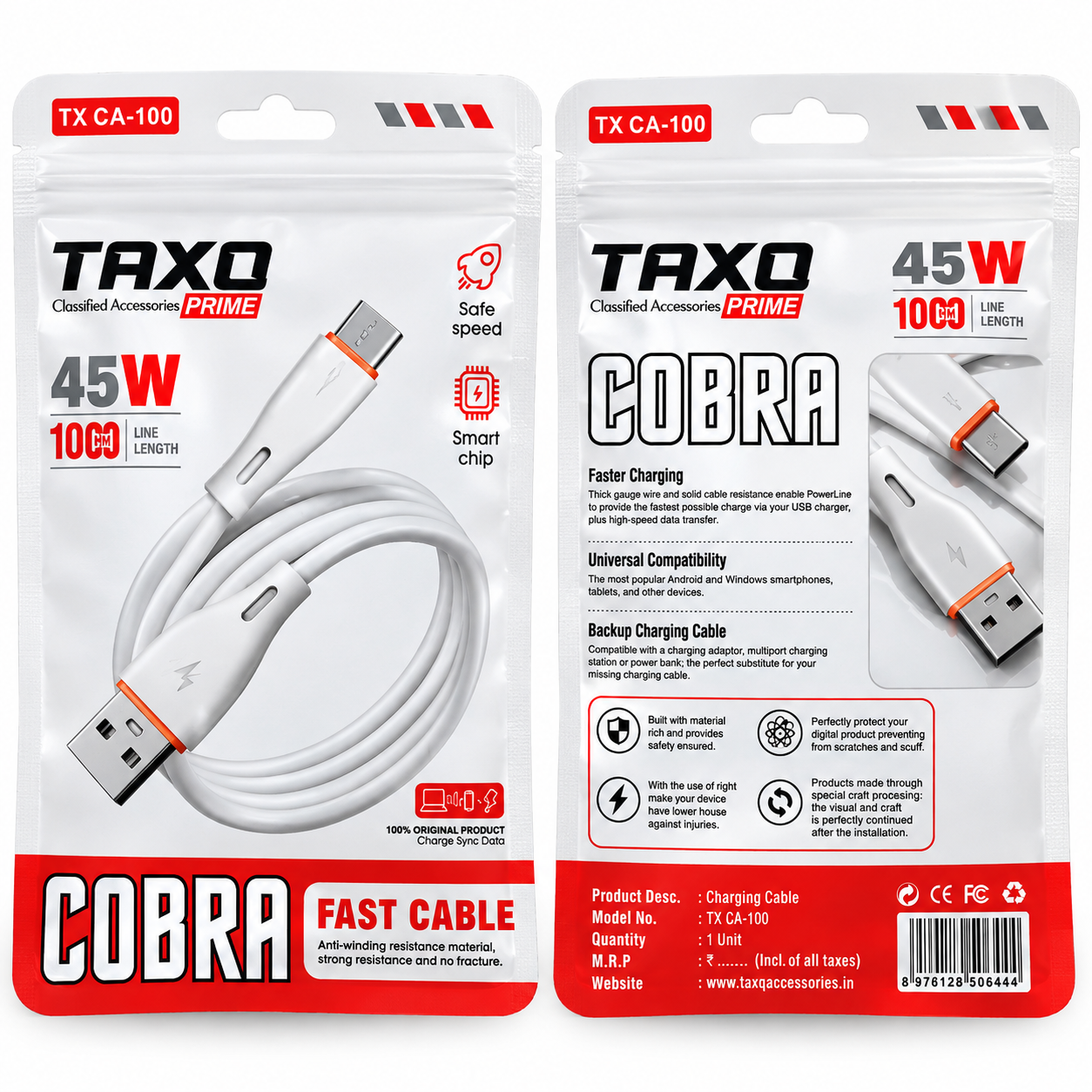 TAXQ COBRA TX CA-100 USB-A to Type-C Fast Charging Data Cable – 45W, 1 Meter