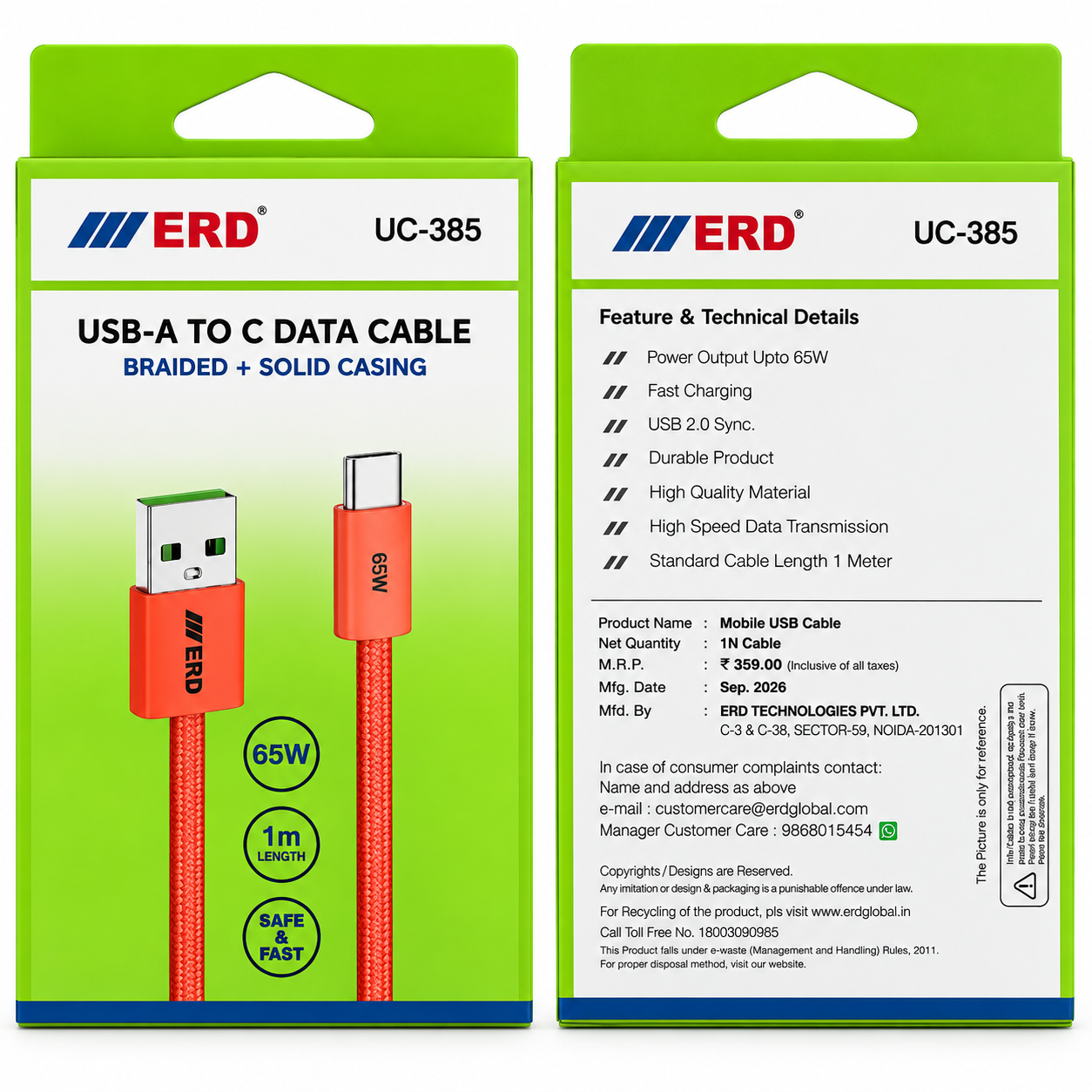 ERD UC-385 USB-A to Type-C Fast Charging Data Cable – 65W, 1 Meter, Braided