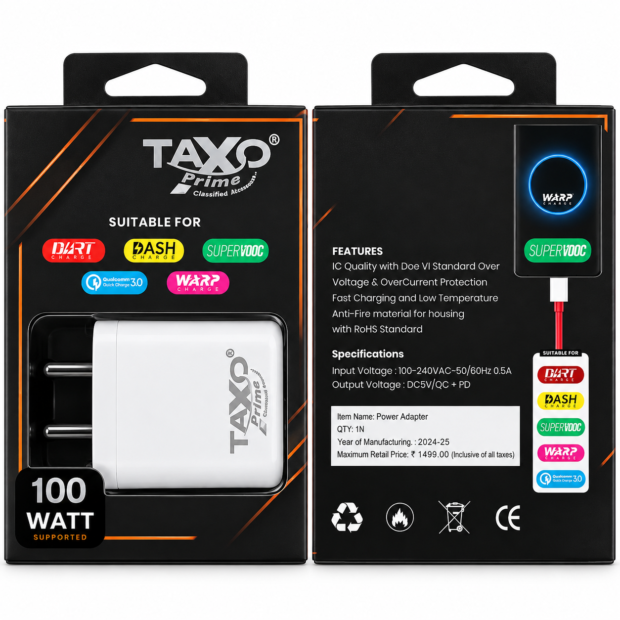 TAXO Prime 100W Fast Charging Power Adapter – Multi-Protocol USB Charger