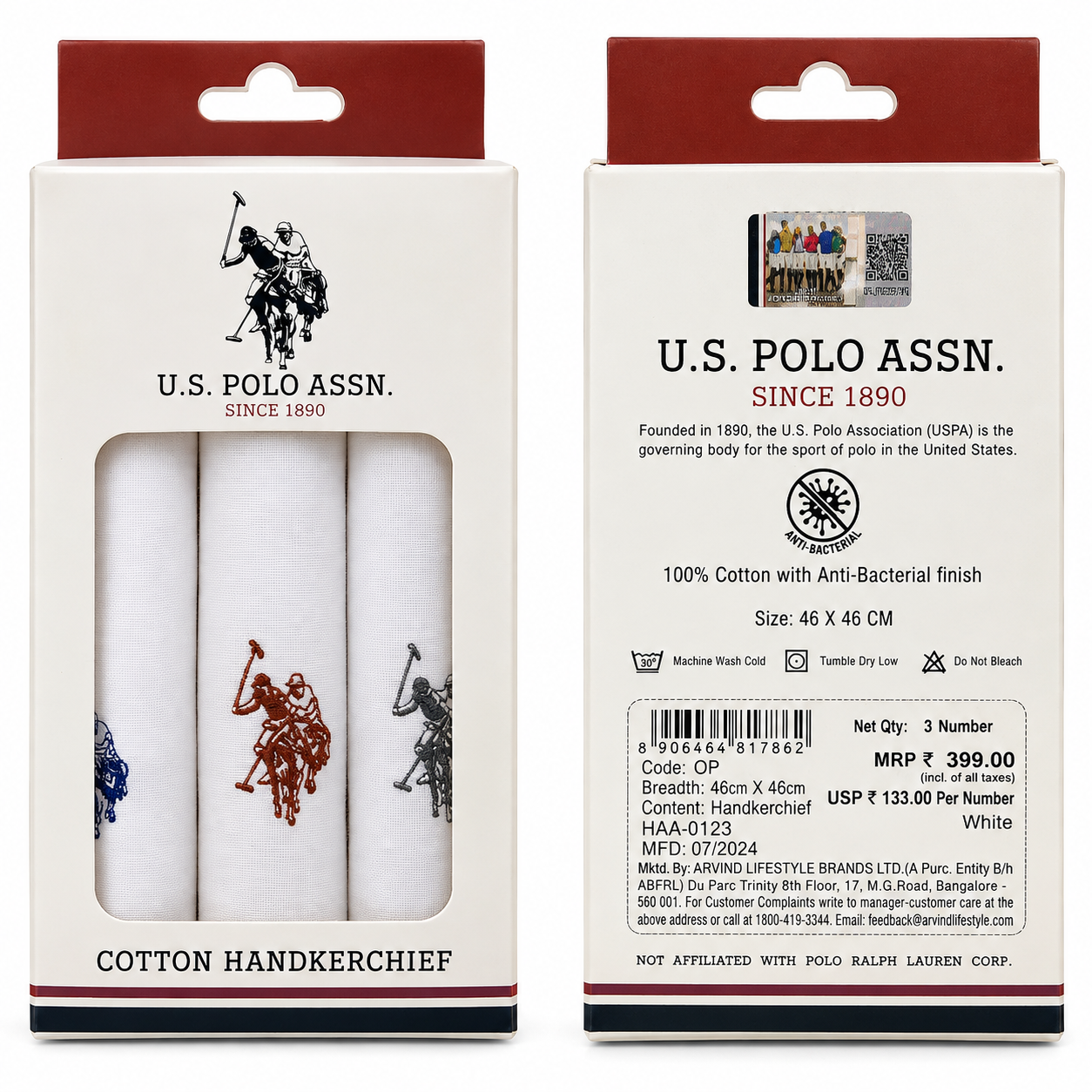 U.S. Polo Assn. 100% Cotton Handkerchief for Men – 3 Pieces, 46 x 46 cm, White, Anti-Bacterial Finish