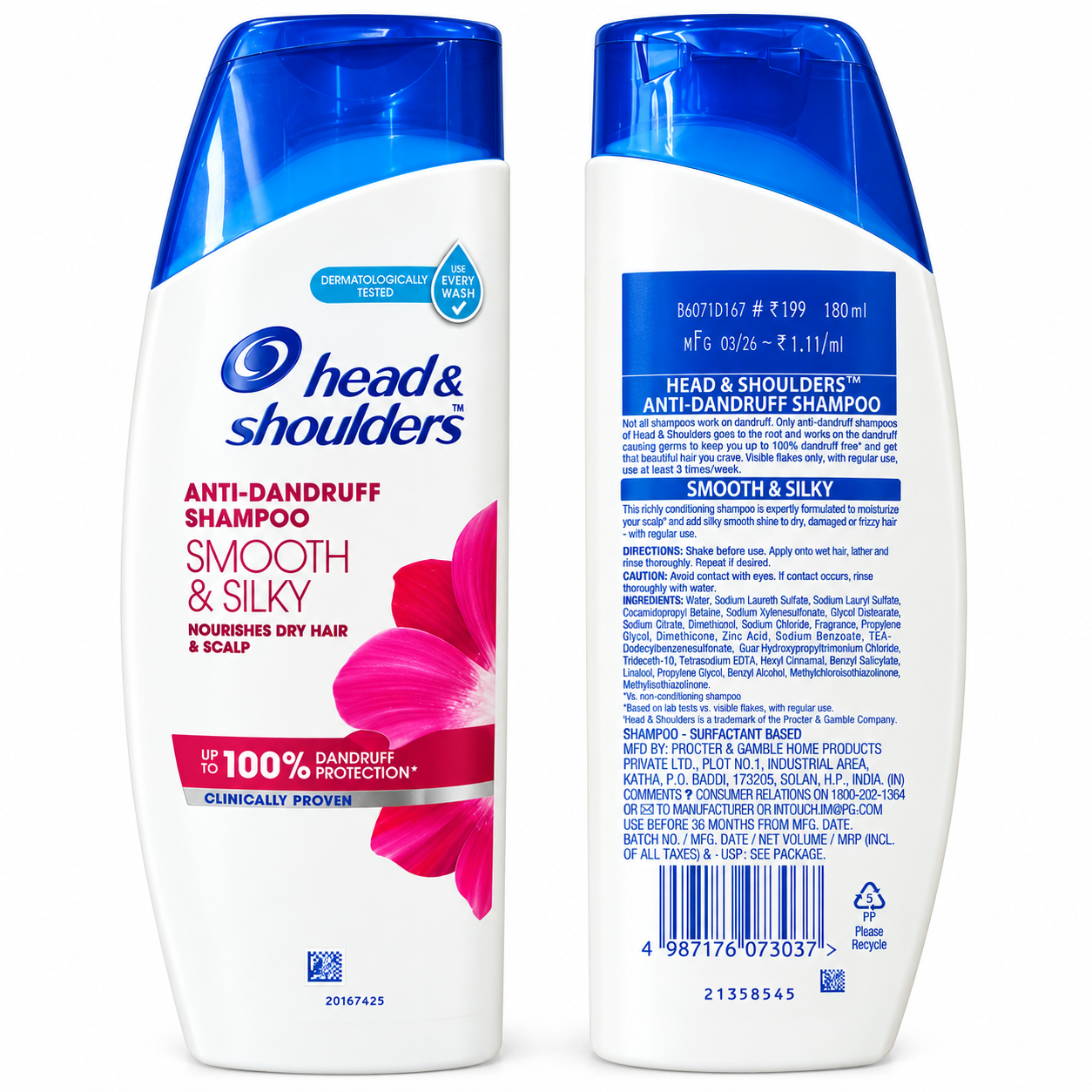 Head & Shoulders Smooth & Silky Anti-Dandruff Shampoo, 180 ml – Nourishes Dry Hair & Scalp, Up to 100% Dandruff Protection