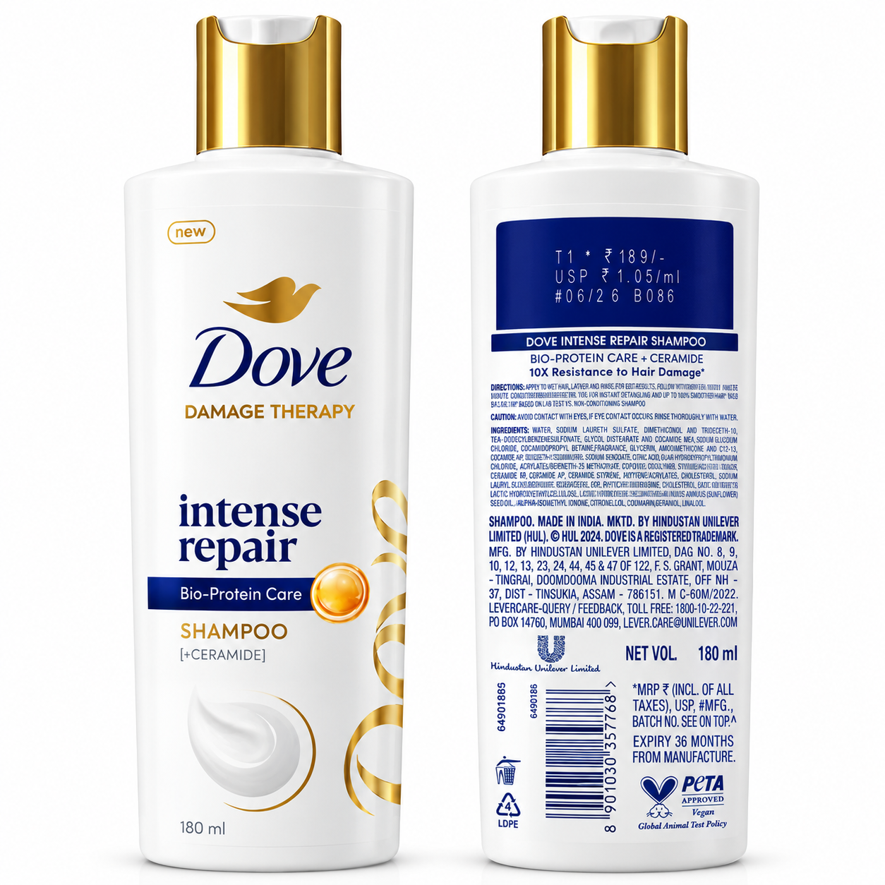 Dove Damage Therapy Intense Repair Shampoo with Bio-Protein Care + Ceramide – 180 ml