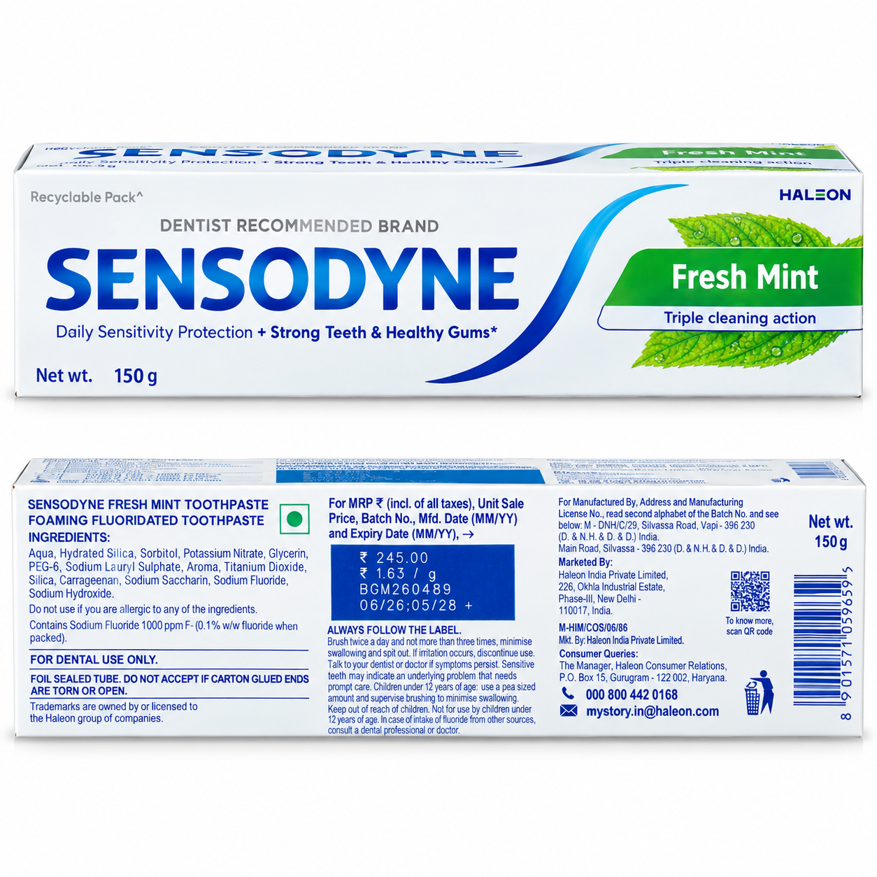 Sensodyne Fresh Mint Toothpaste – Triple Cleaning Action, Daily Sensitivity Protection, Strong Teeth & Healthy Gums, Fluoridated Toothpaste, 150 g
