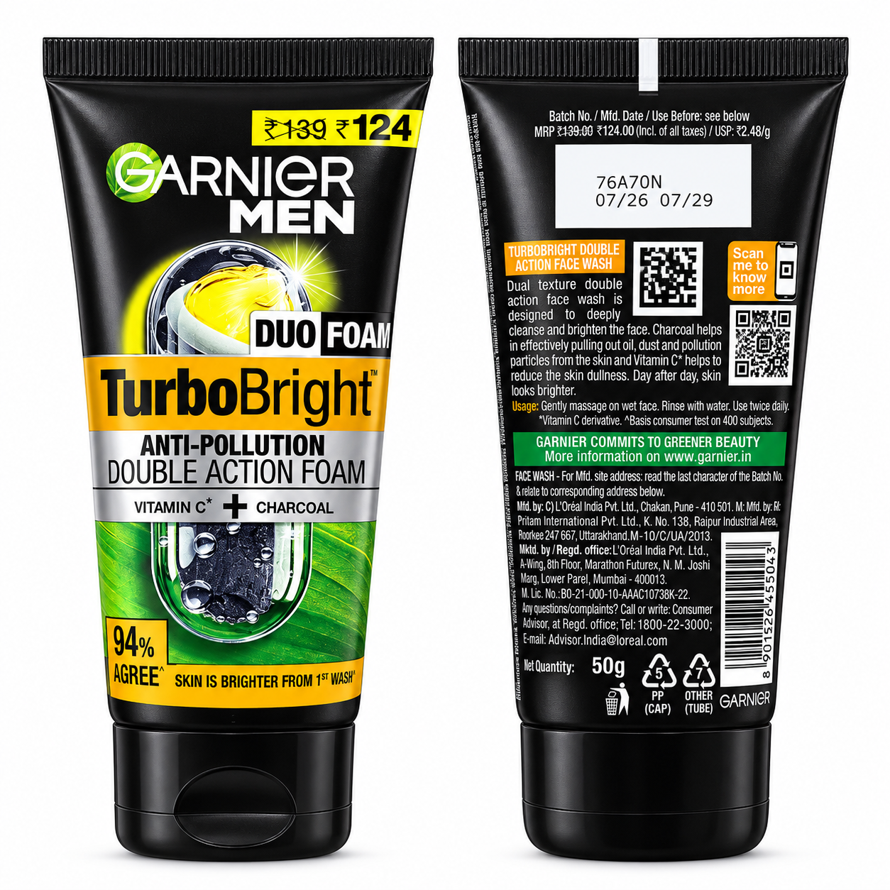 Garnier Men TurboBright Anti-Pollution Double Action Foam Face Wash with Vitamin C & Charcoal – 50 g