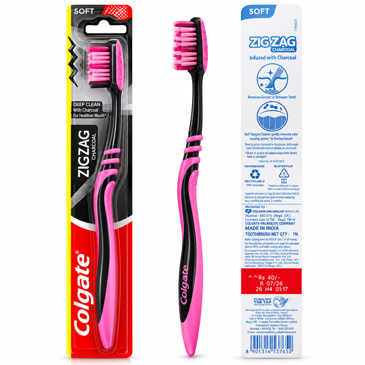 Colgate ZigZag Charcoal Soft Toothbrush – Charcoal-Infused Bristles, Deep Cleaning