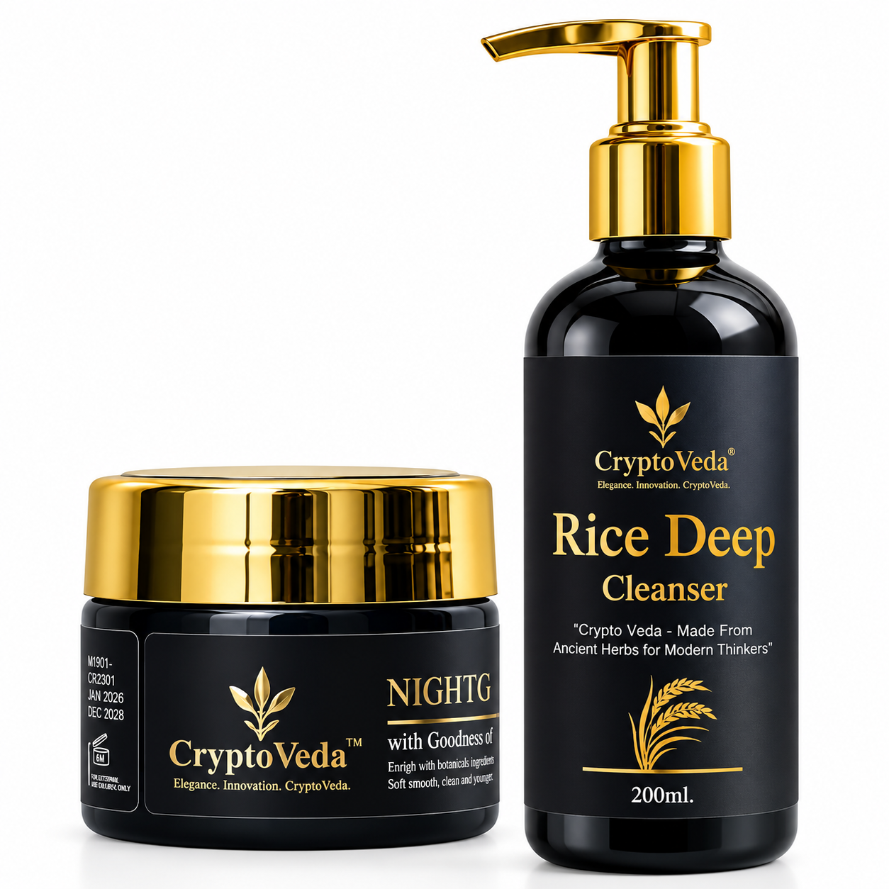 CryptoVeda Rice Deep Cleanser 200ml & Night Glow Cream 25gm – Complete Daily & Night Skincare Combo