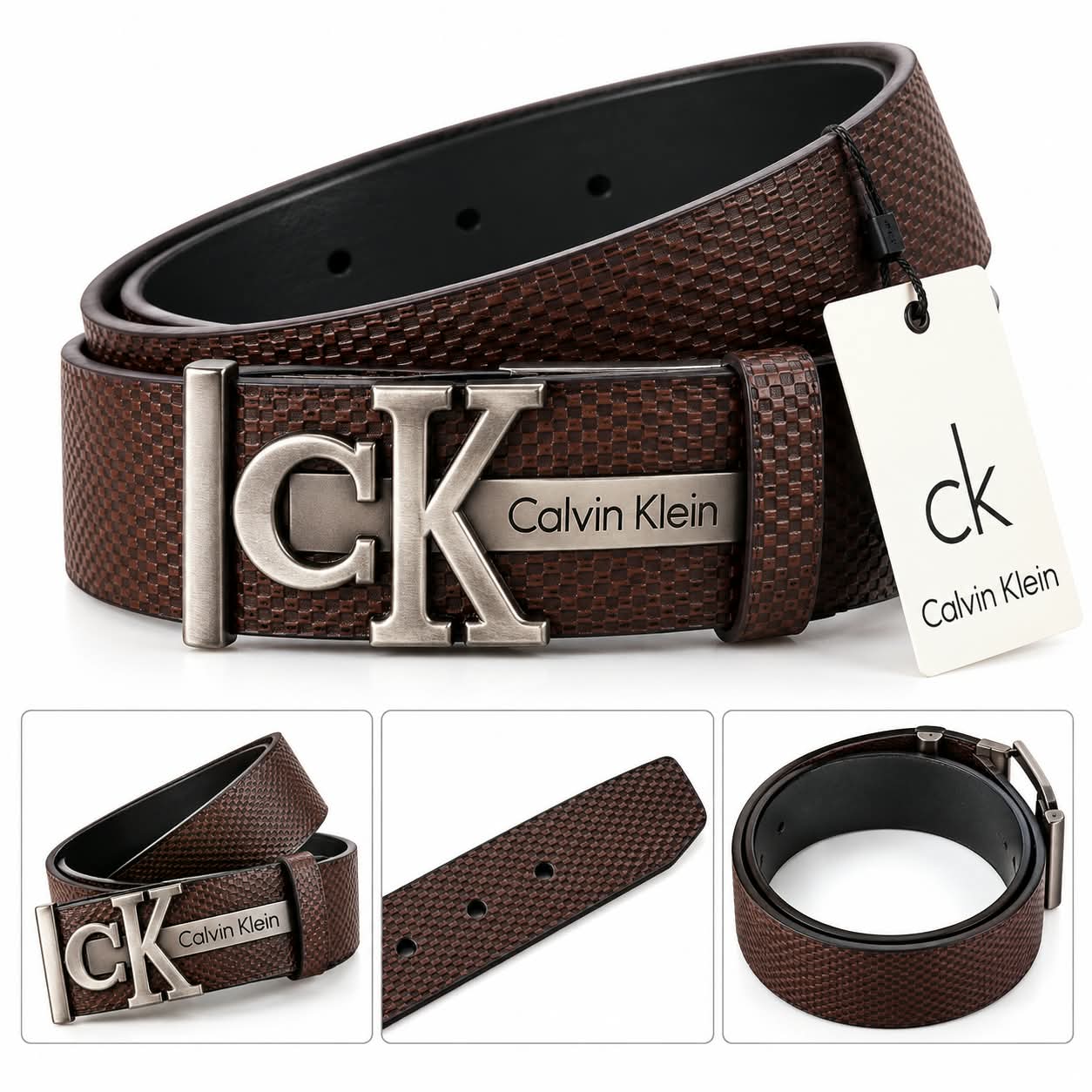 Calvin Klein CK Men’s Brown Textured Leather Belt with Silver CK Buckle