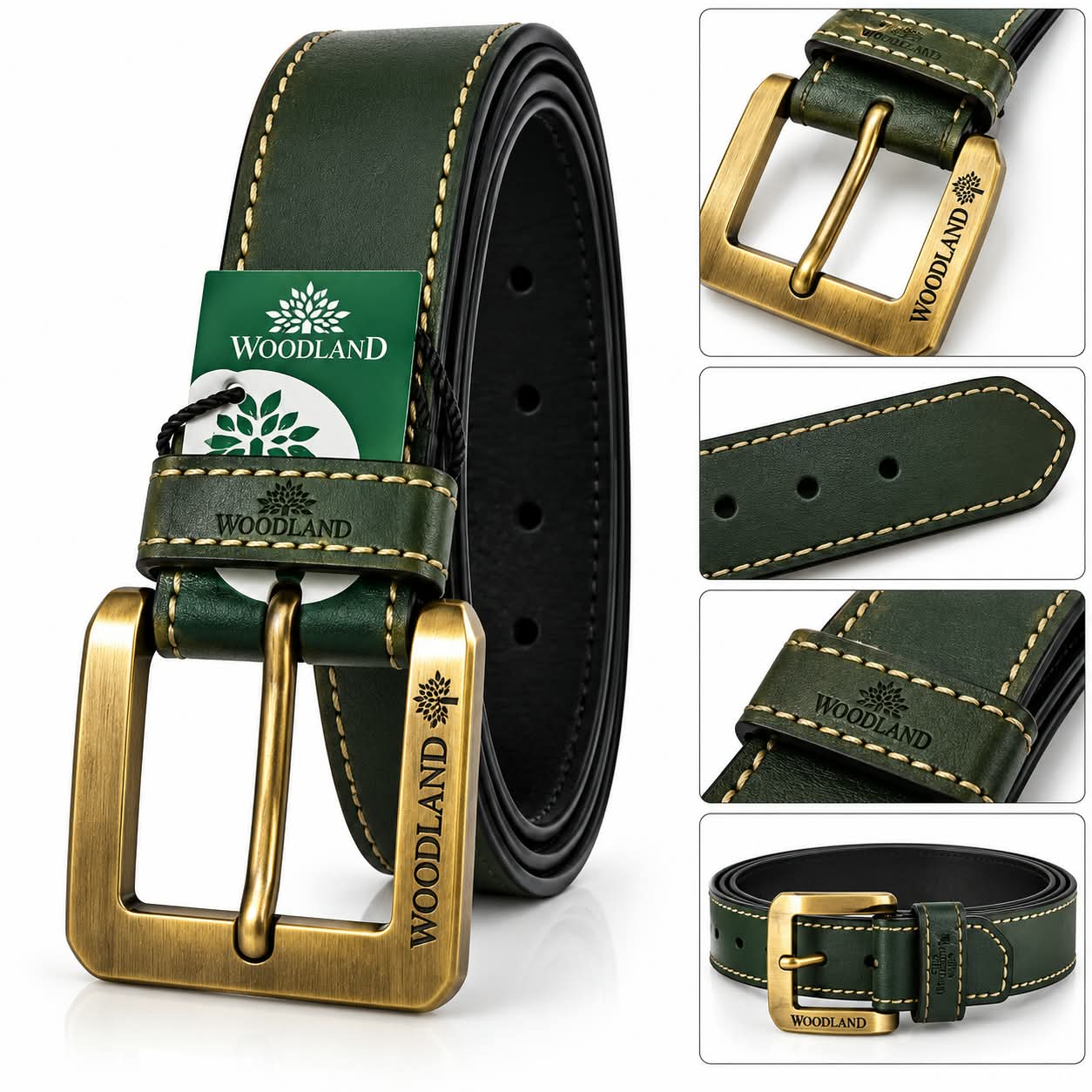 Men’s Green Leather Belt with Premium Golden Buckle – Stylish Casual & Formal Belt