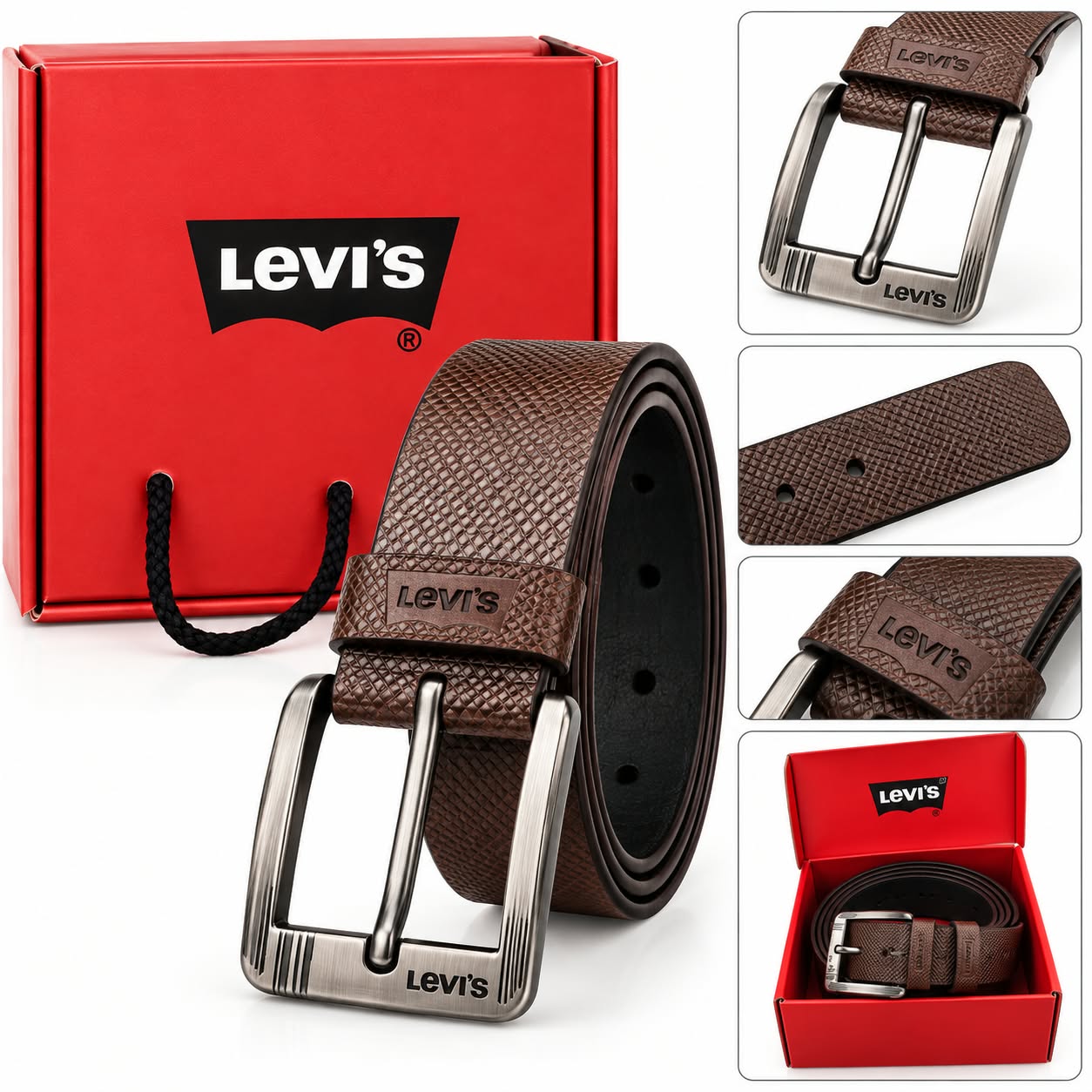 Men’s Brown Textured Belt with Premium Silver Buckle & Gift Box