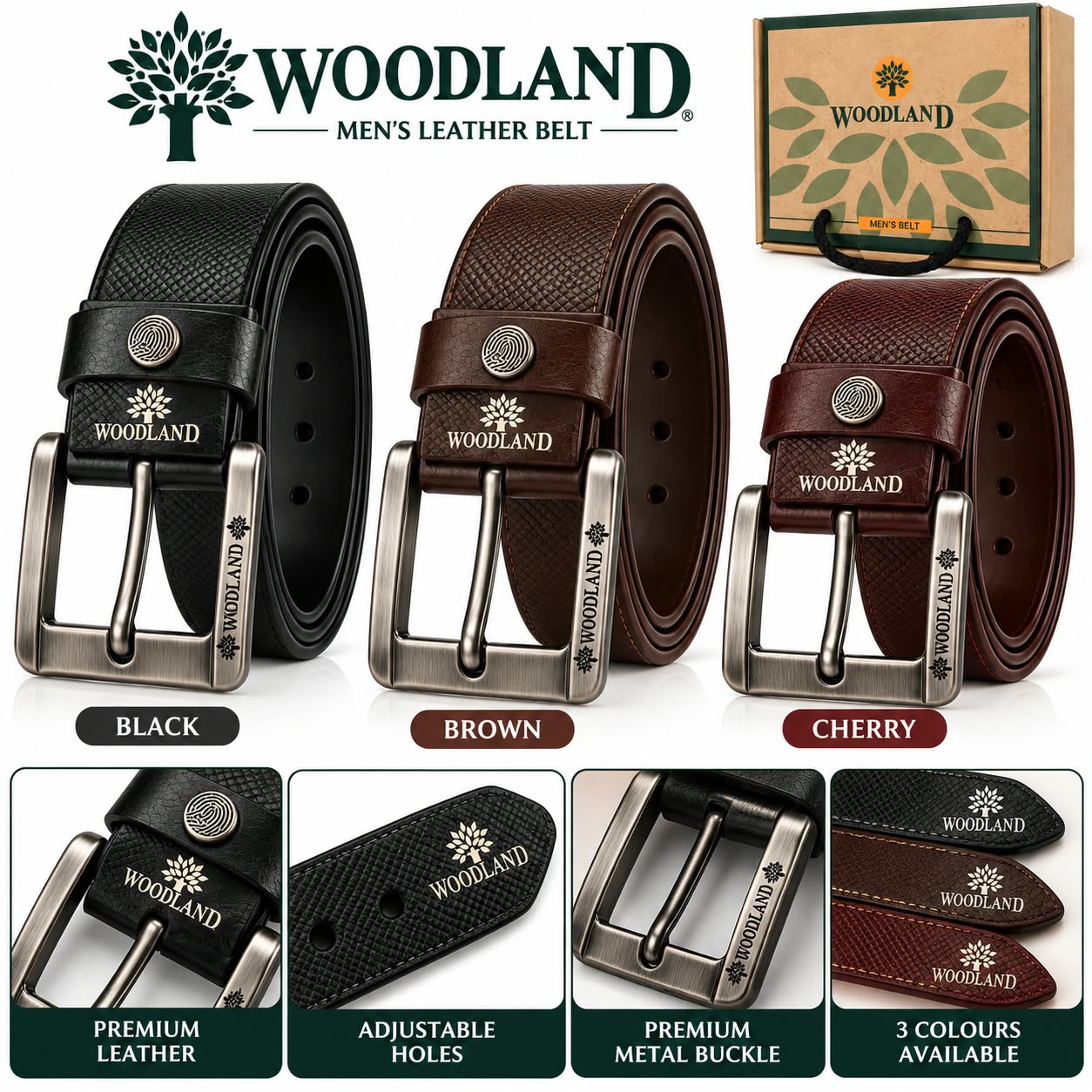 Men’s Leather Belt Combo – Black, Brown & Cherry | Premium Metal Buckle
