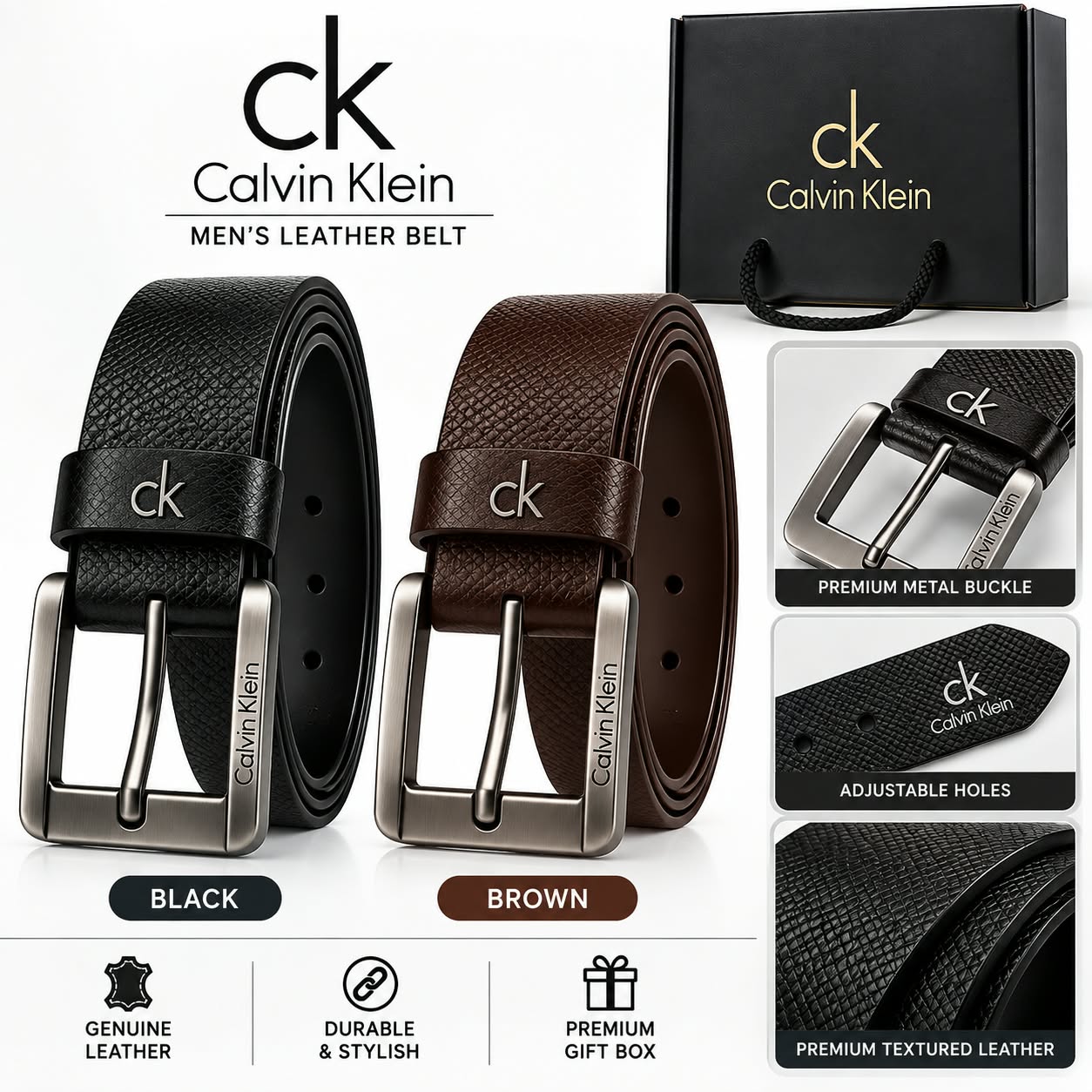 Premium 2-piece belt combo featuring black and brown textured leather belts with stylish metal buckles and a premium gift box. Perfect for casual, office, and formal wear.