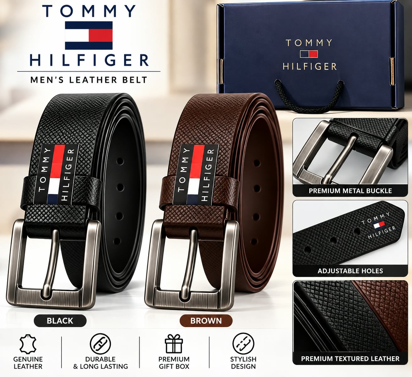 Men’s Black & Brown Leather Belt Combo with Premium Metal Buckles & Gift Box